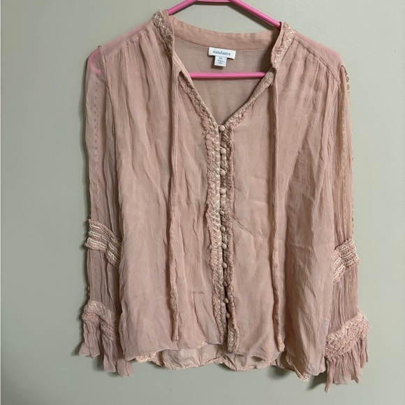 Sundance Fairy Viscose Buttons Crinkle Neck Tie Blouse Top Blush Pink Size XS - Picture 1 of 7